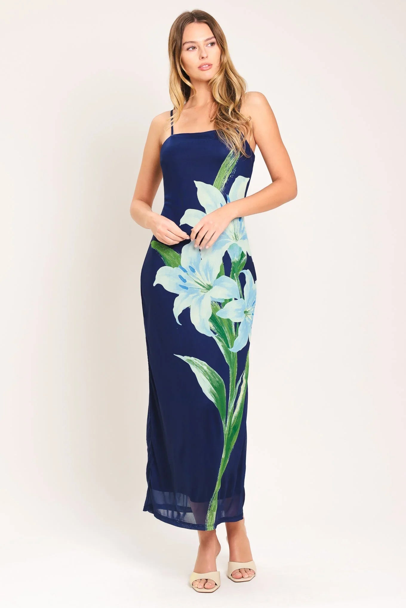 DEEP BLOOM POWER MESH MIDI DRESS