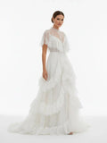 High Split A Line See through Short Sleeves Ruffle Tulle Wedding Dresses