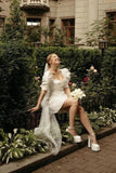 Bodycon Square Neck Satin Short Wedding Dresses with Lantern Sleeves