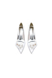 Pointed Toe White Rhinestone Chunky Heels with Flower