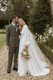 A Line Long Sleeves Satin Wedding Dresses with V Neck