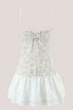 White Warm Rose Print Cotton Ruffled Mini Dress