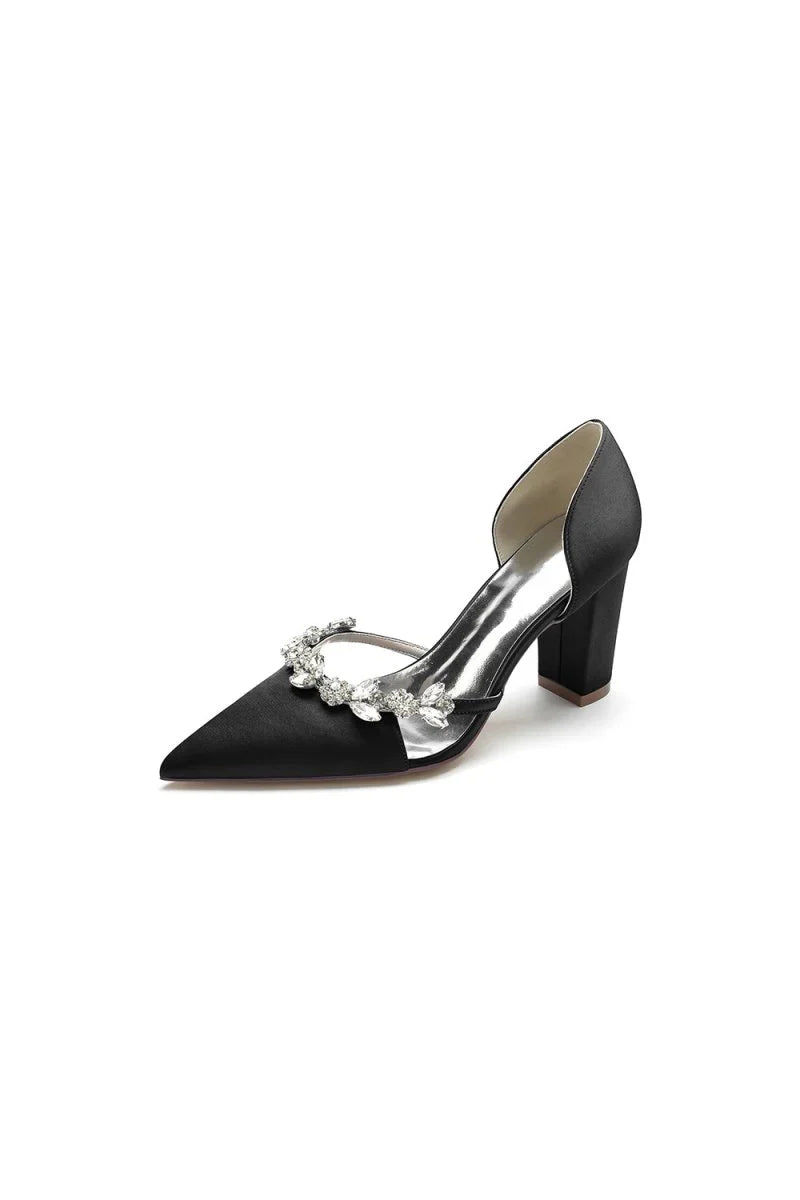 Crystal Strap Pointed Toe Block Heel Sandals