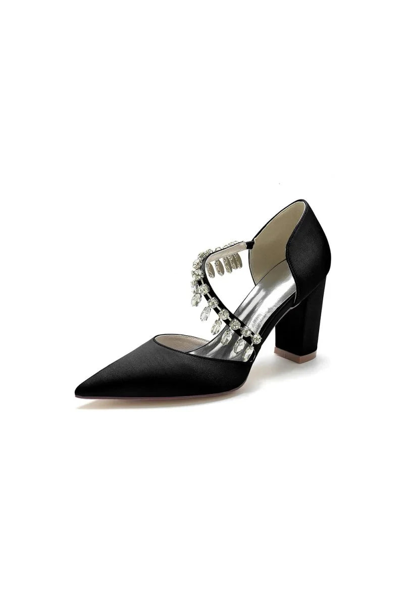 Pointed Toe Rhinestone Tassel Strappy Chunky Heels