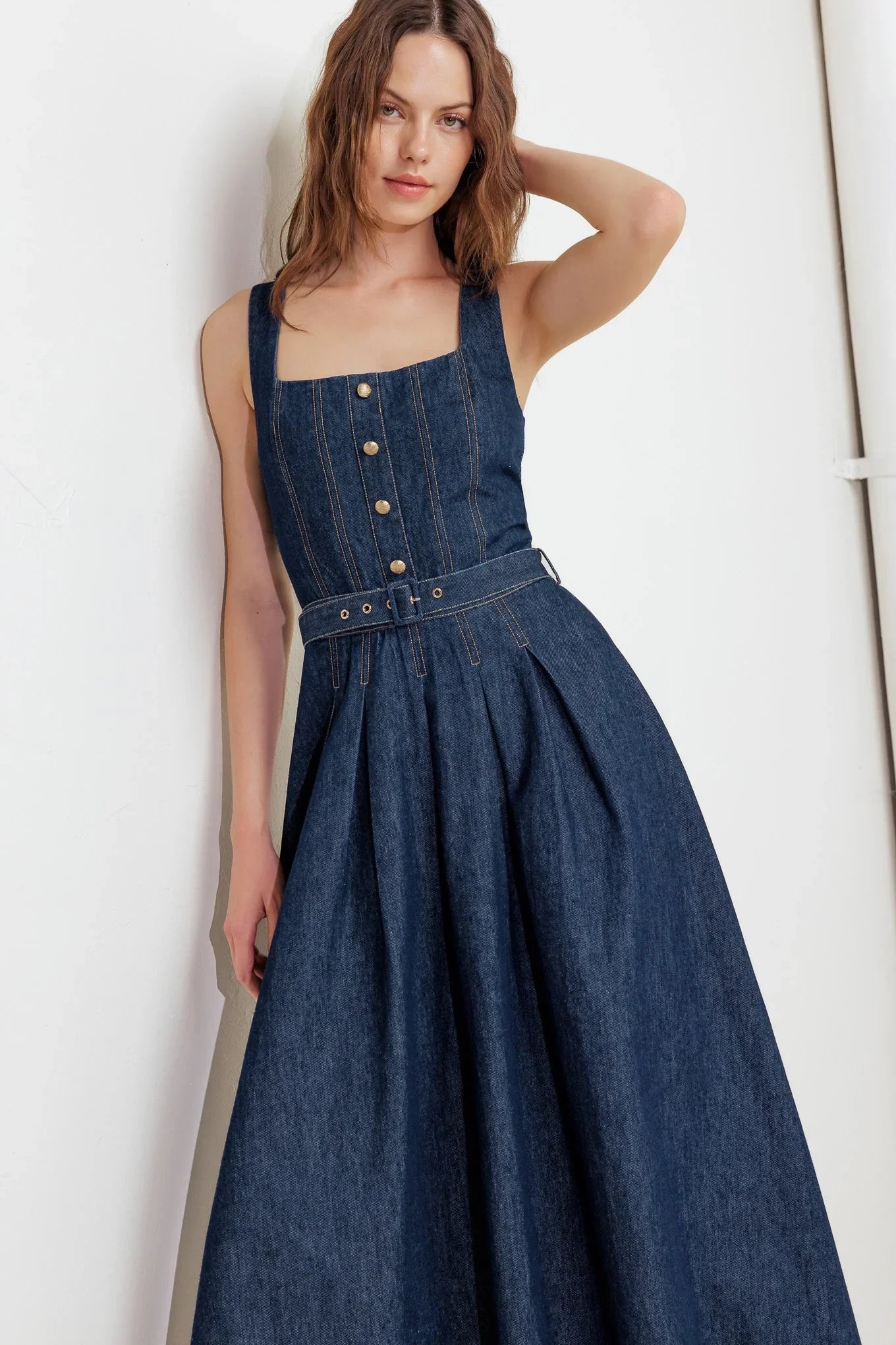 MOONLIGHT SERENADE DARK DENIM MIDI DRESS