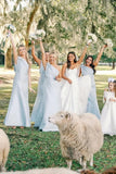 Light Blue One Shoulder Satin Sheath Long Bridesmaid Dresses
