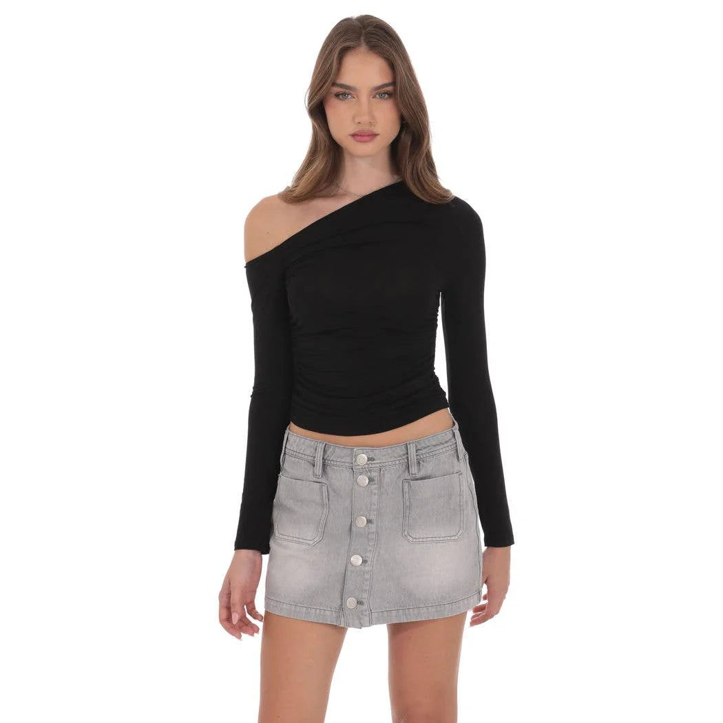 Buttoned Denim Skirt in Washed Grey
