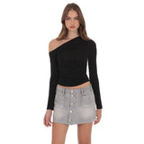 Buttoned Denim Skirt in Washed Grey