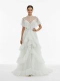 High Split A Line See through Short Sleeves Ruffle Tulle Wedding Dresses