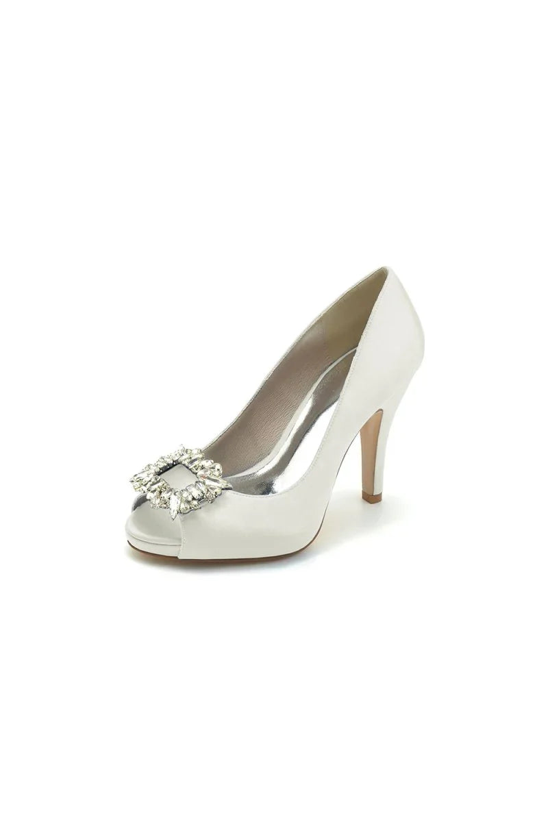 Peep Toe Slip on Stiletto Heels With Rhinestone