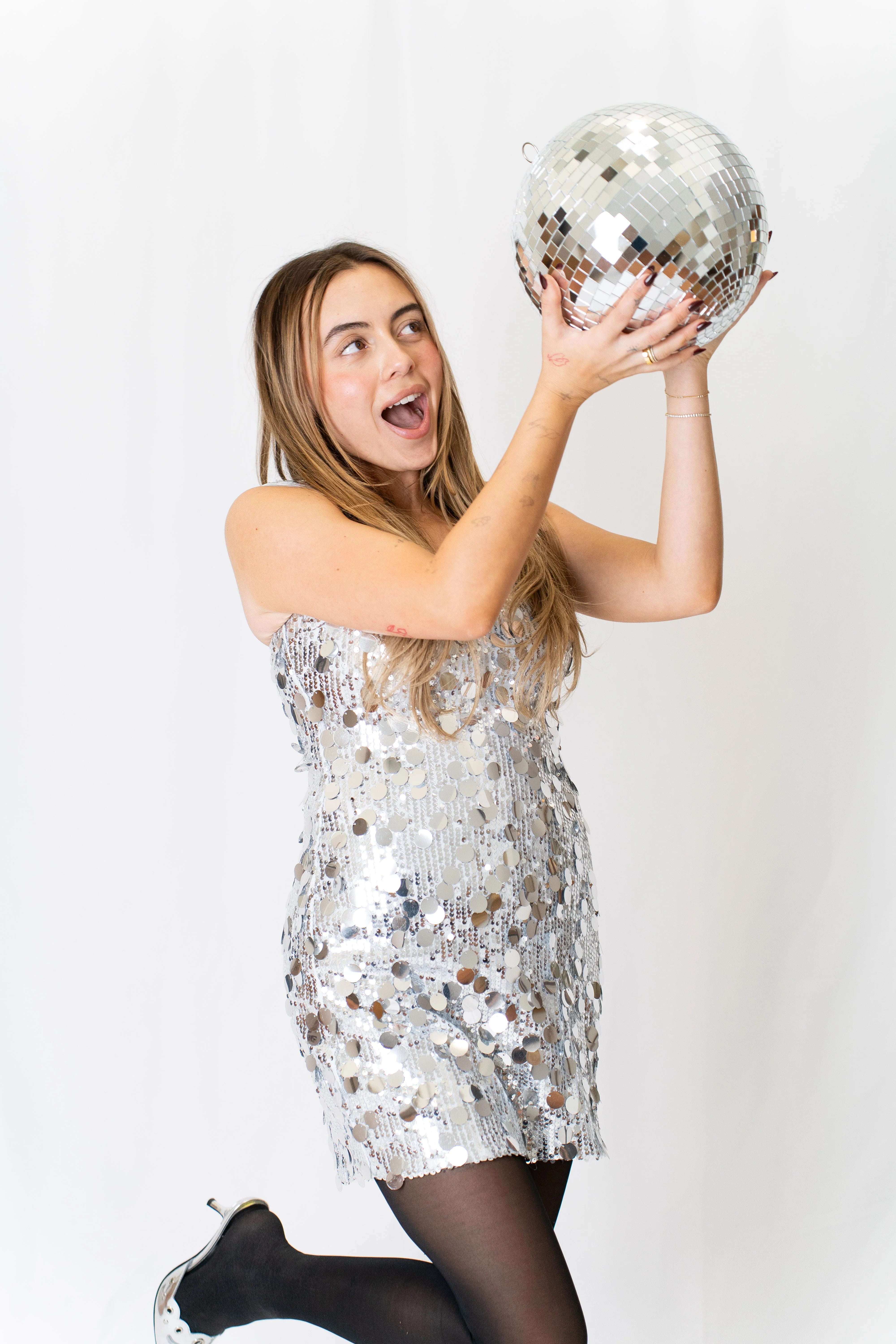 Lucy in the Sky Circle Sequin Square Neck Dress in Silver