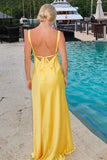 Sheath V Neck Tie Back Maxi Dress with Slit in Yellow
