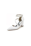White Satin Heels with Cross Strap Design and Pearl Accented Buckle