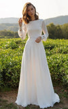 Modest A Line Long Sleeve Floor Length Train Simple Casual Chiffon Bateau V Back Wedding Dress
