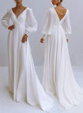 A Line V Neck Long Sleeves Chiffon Wedding Dresses With Beading