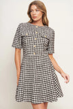 ELEGANT CHECK BROWN TWEED MINI DRESS