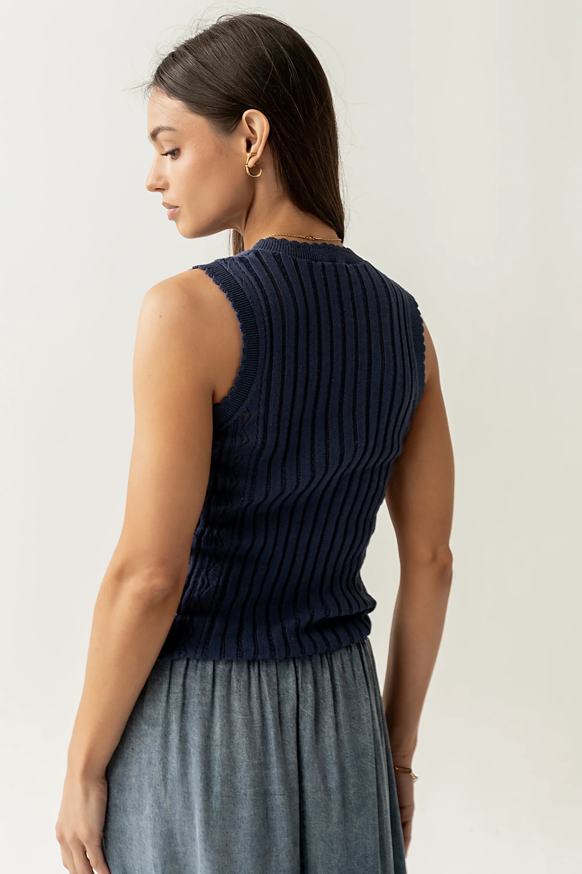 Lina Pointelle Knit Tank in Navy