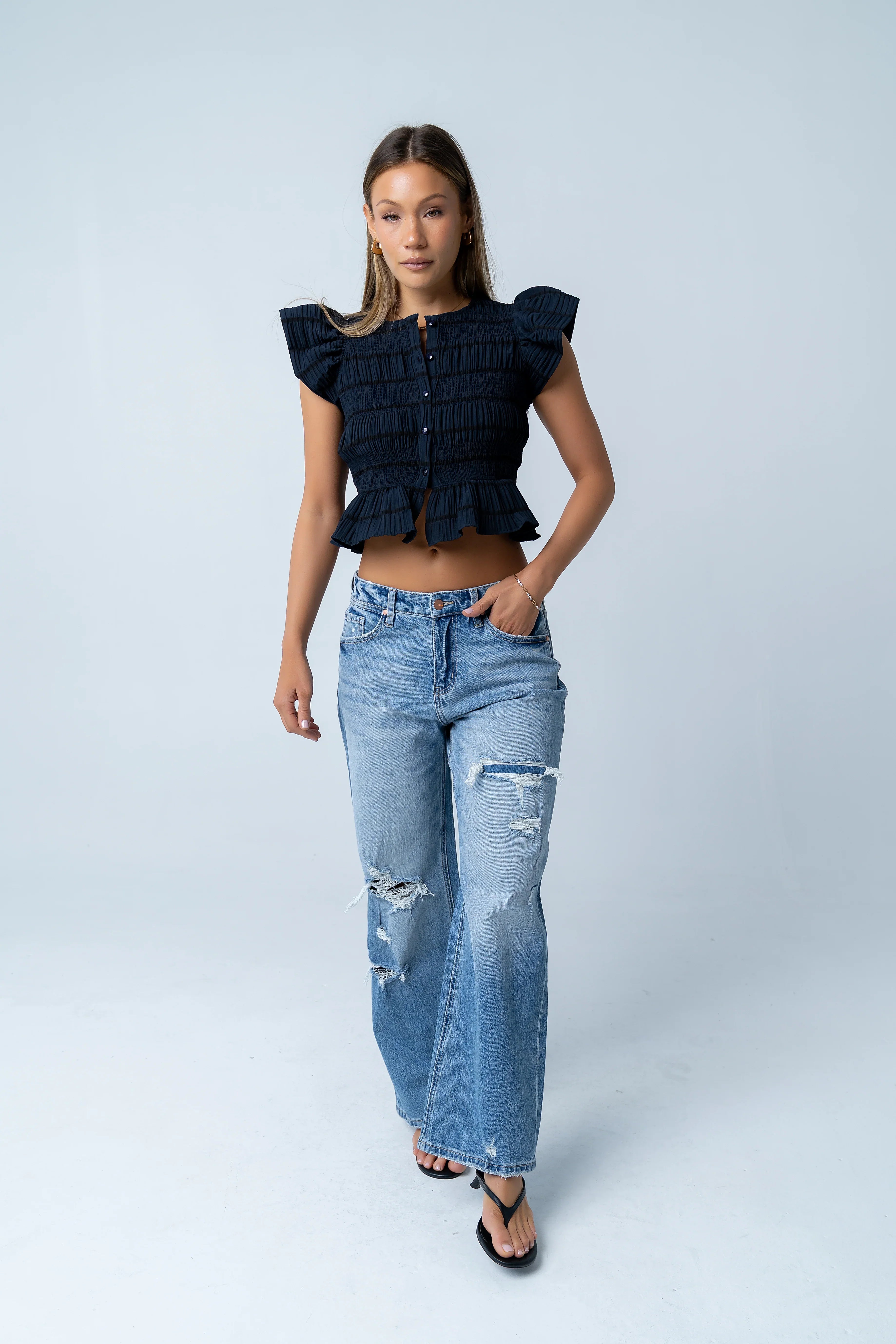 Holly Smocked Blouse in Navy