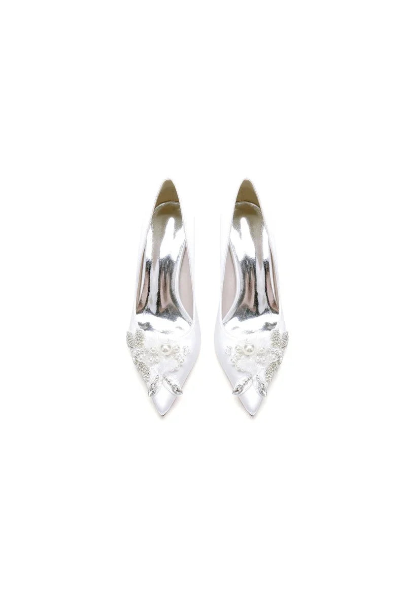 Pointed Toe Satin Bridal Heels with Crystal Flower