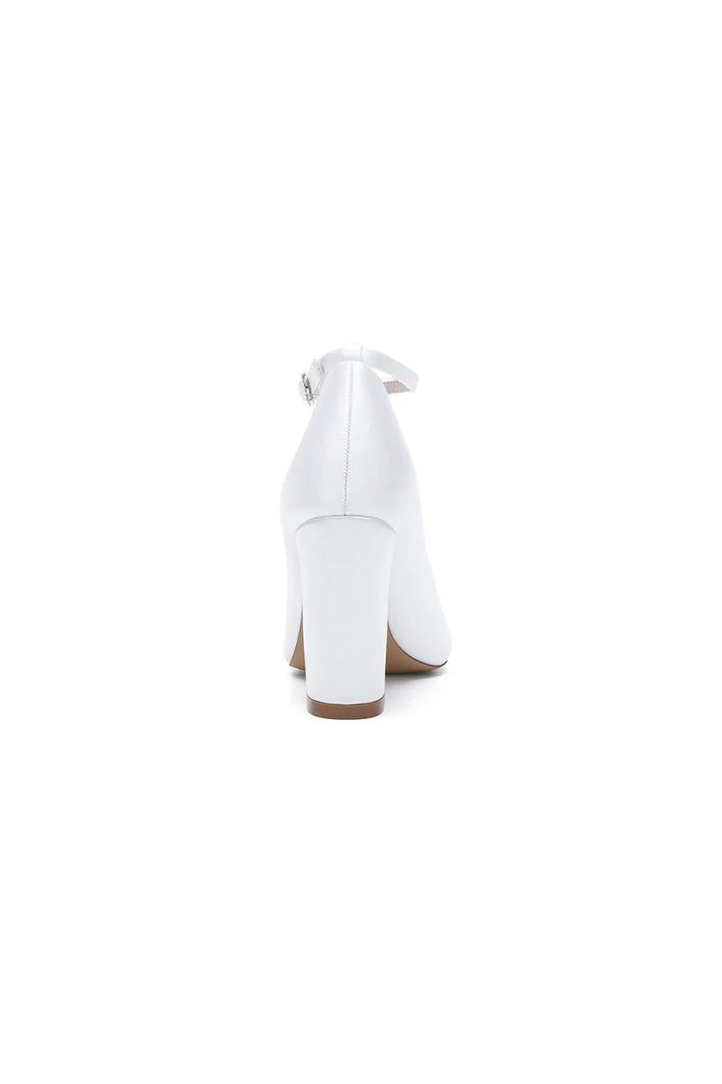 White Leather Pump with Silver Chain and Crystal Accent