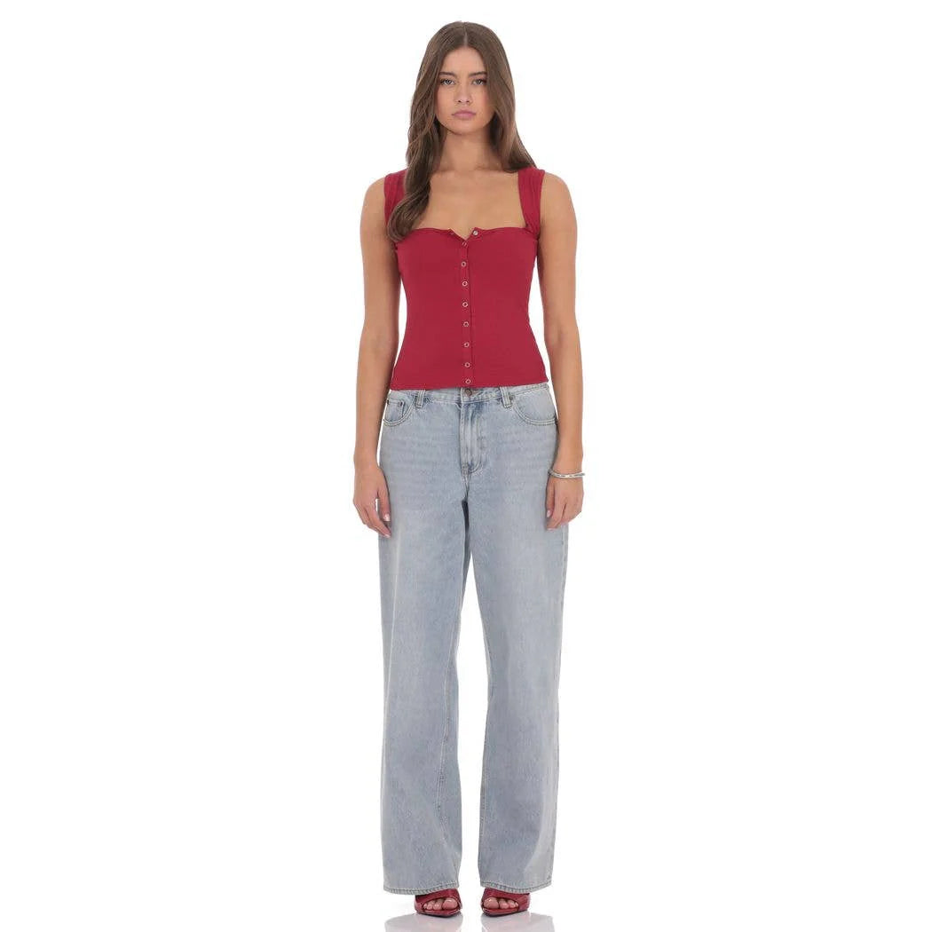 Lucy in the Sky Ribbed Square Neck Top in Red