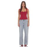 Lucy in the Sky Ribbed Square Neck Top in Red