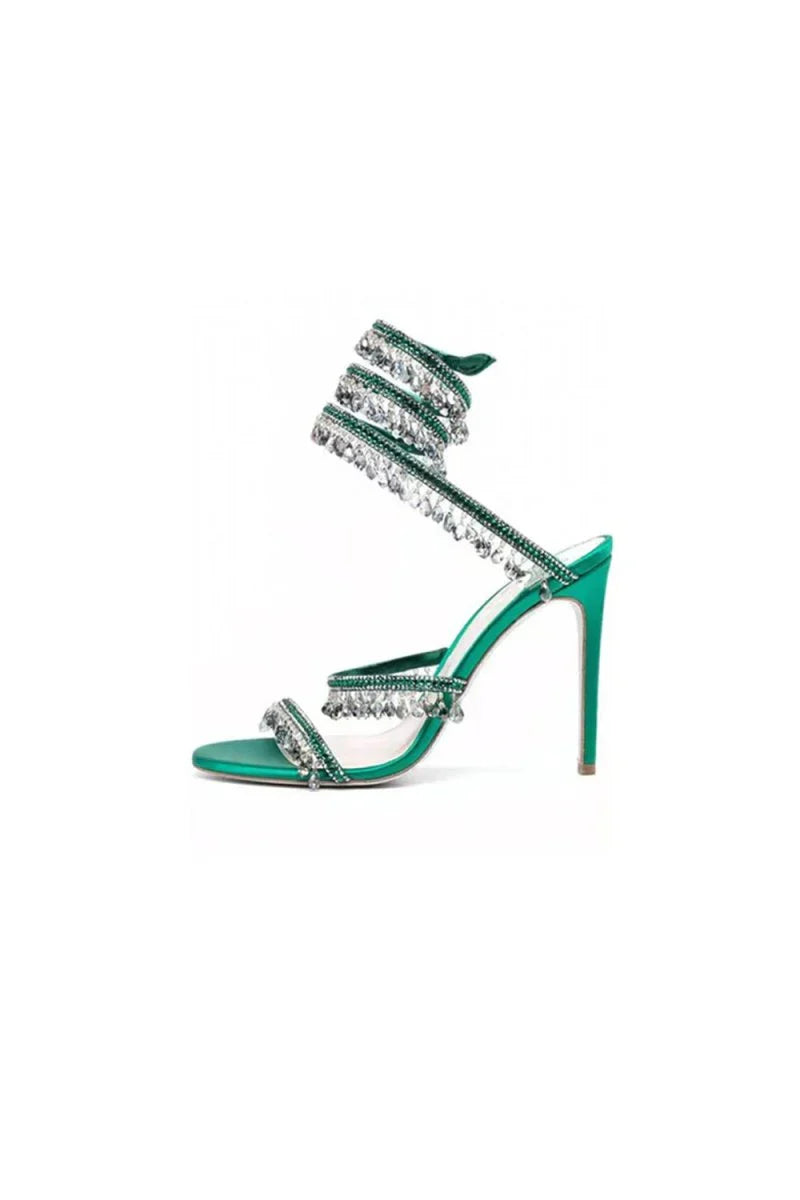 Open Toe Ankle Wrap Beaded Crystal Stiletto Heels
