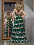 Green Princess A Line Off the Shoulder Corset Prom Dress with Lace Ruffles
