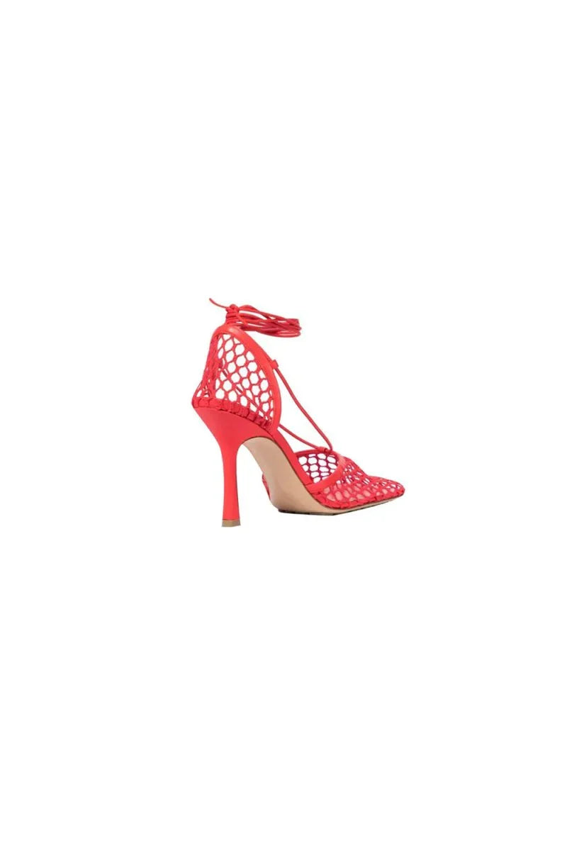 Yellow Stiletto Heel Lace Up Fishnet High Heel Sandals