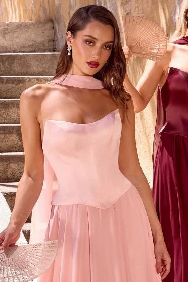 ISABELLA GOWN STRAPLESS CHIFFON DRESS WITH SCARF