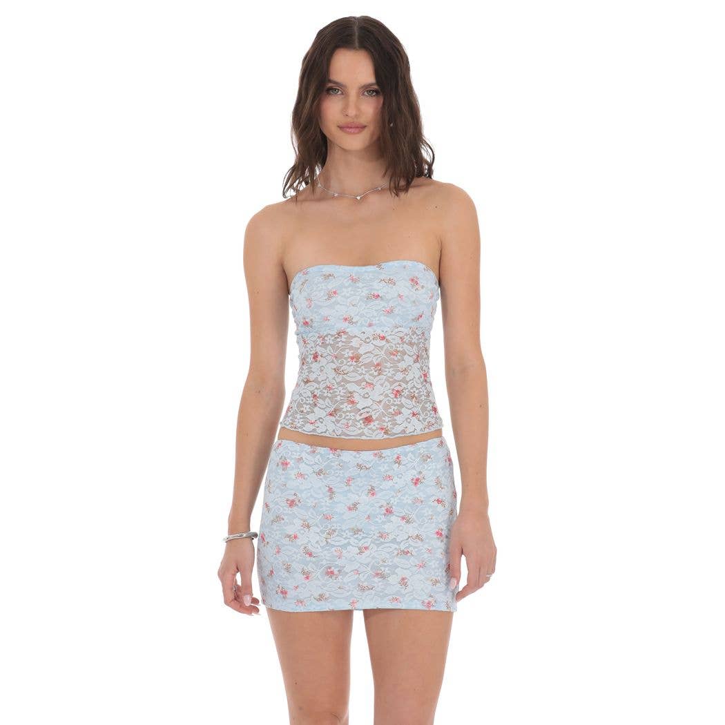 Lucy in The Sky Floral Lace Bodycon Two Piece Set in Blue