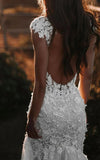 Boho Mermaid Wedding Dress Floral V neck Casual Gown with Open Back and Lace Appliques