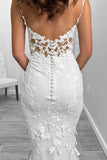 Sexy Satin V Neck Spaghetti Straps Illusion Lace Applique With Lace Train Wedding Dress