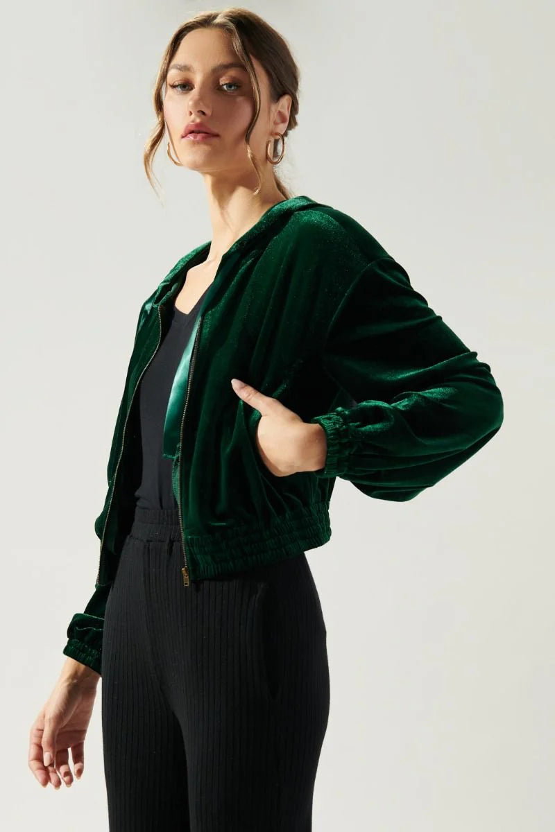 Everson Velvet Cropped Zip Up Hoodie