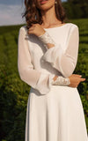 Modest A Line Long Sleeve Floor Length Train Simple Casual Chiffon Bateau V Back Wedding Dress