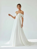 A Line Chiffon Sleeveless Off the Shoulder Wedding Dress with Ruching Floor Length