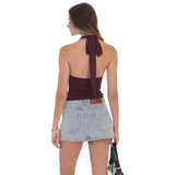 Lucy in the Sky Halter Ruched Top in Burgundy