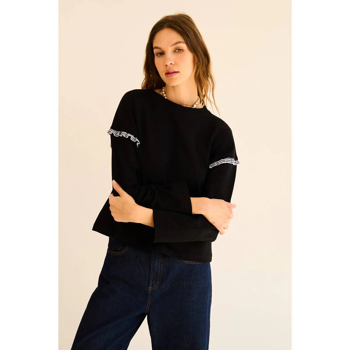Jenna Pleated Ruffle Long Sleeve Top