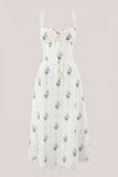 White Warm Rose Print Cotton Ruffled Midi Dress