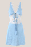 Blue V Neck Lace Cotton Sheath Mini Dress