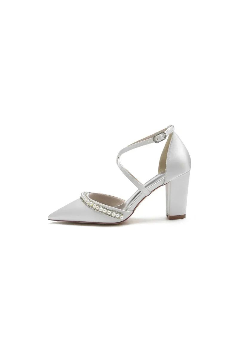 Champagne Satin Pump with Pearl and Metal Accents