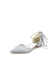 Pearl Ribbon Pointed Toe Ankle Strap Kitten Heels