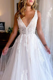 Ivory A Line Deep V Neck Backless Long Wedding Dress with Lace
