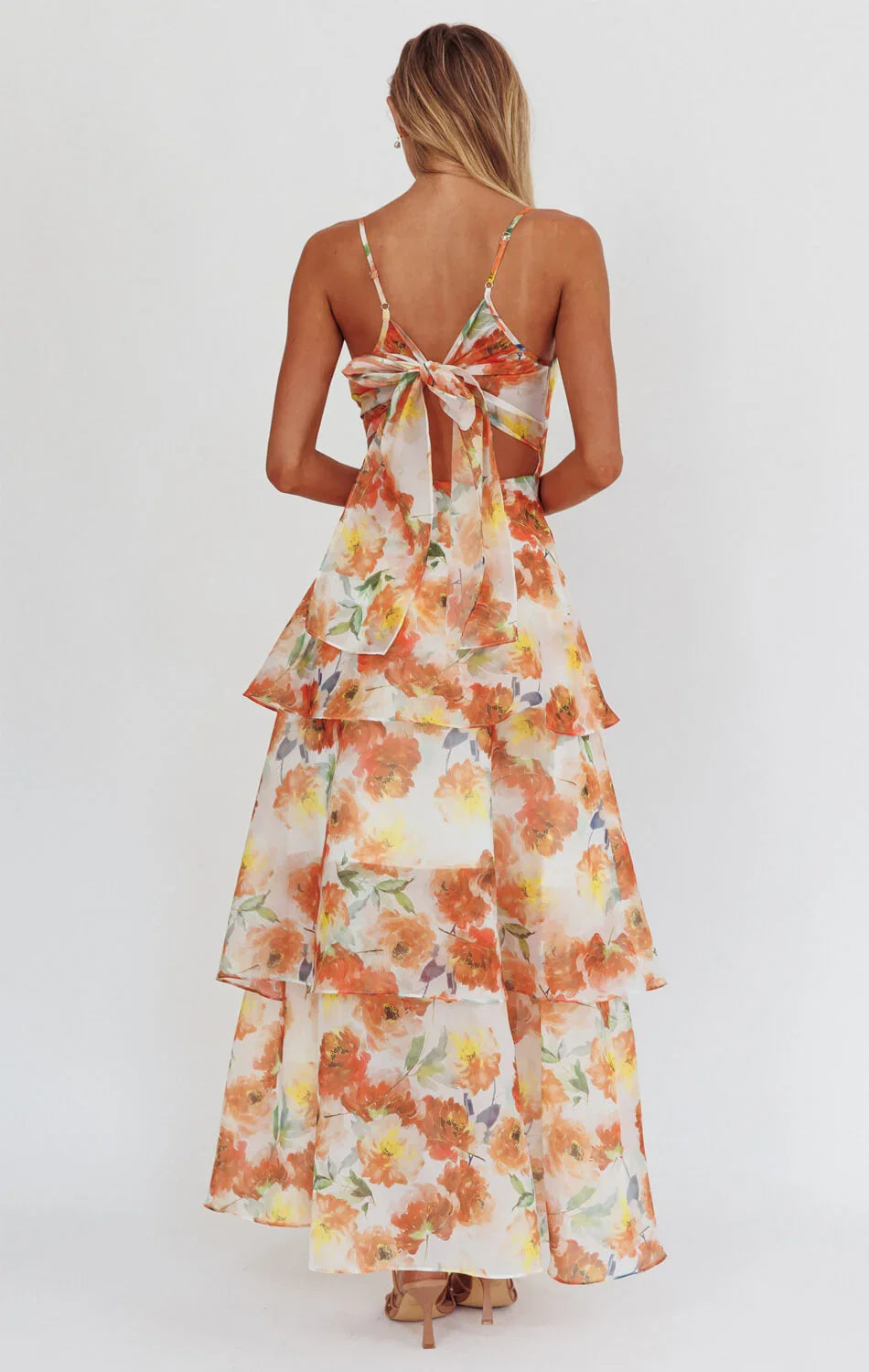 Makenna Maxi Dress Orange Floral Organza Tiered Dress
