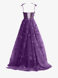 Purple A line Butterfly Lace Lilac Corset Prom Dress with Slit