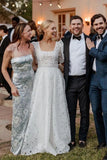 A Line Square Neck Vintage Lace Wedding Dresses