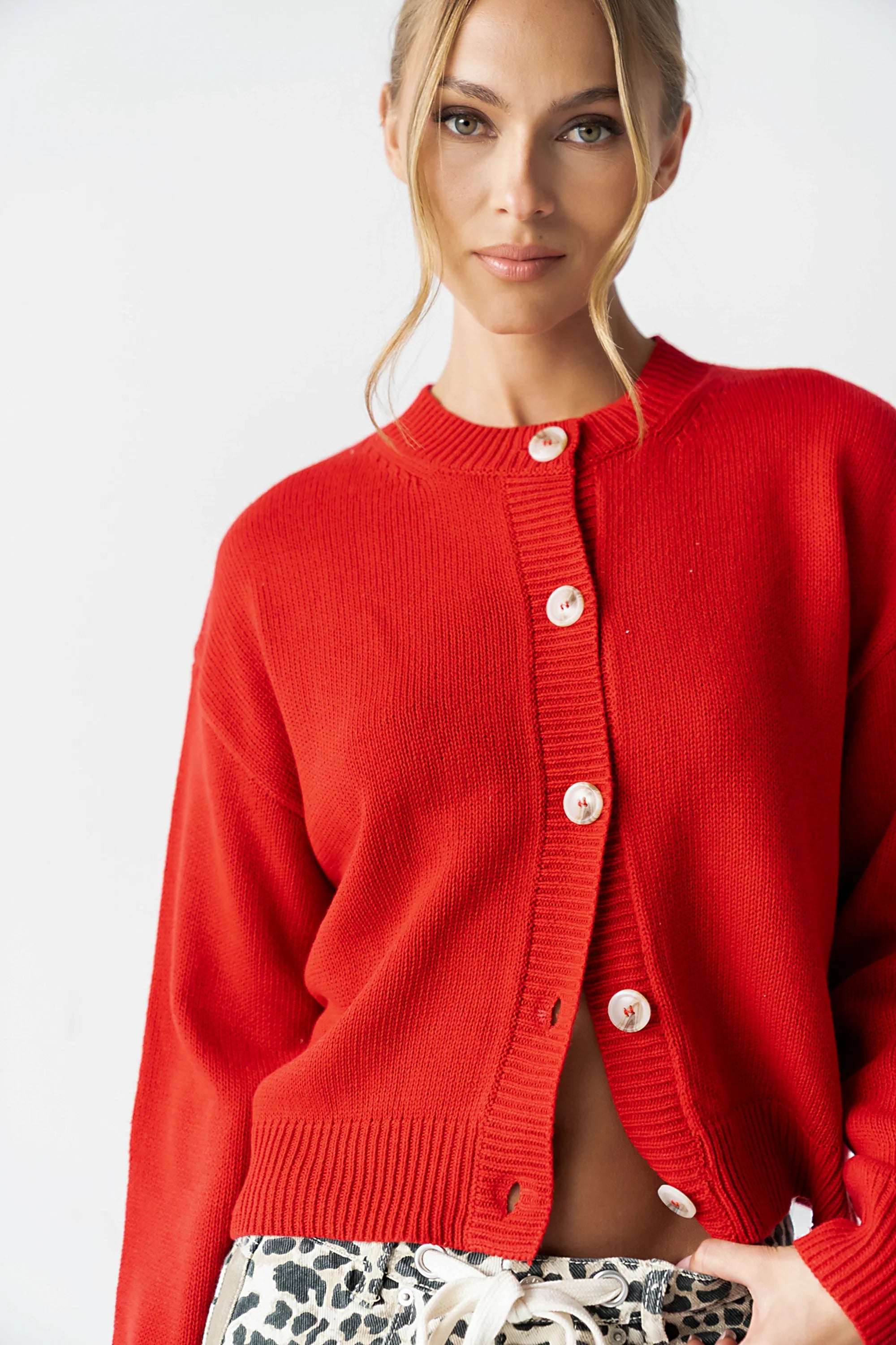 Kasen Knit Cardigan in Red FINAL SALE