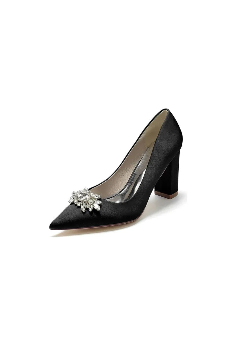 Pointed Toe Chunky Heels with Rhinestone