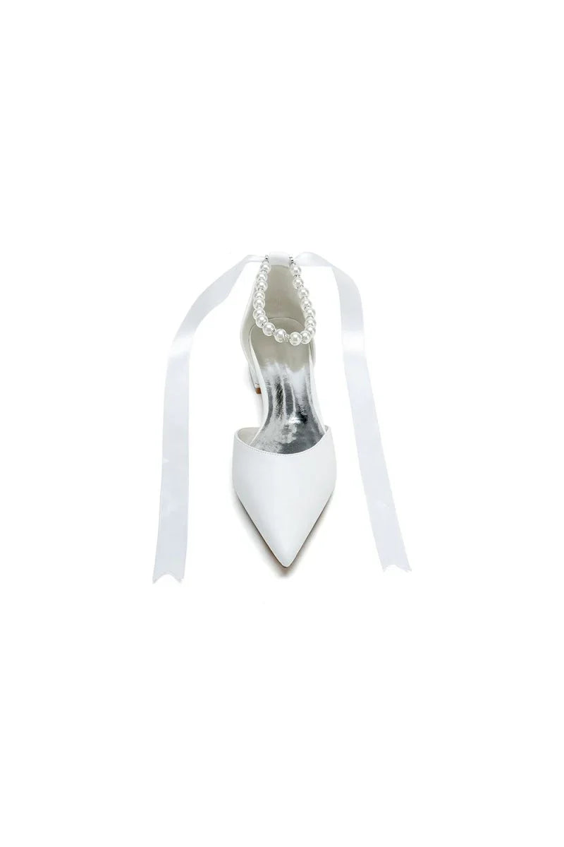 Pointed Toe Ankle Strap Pearl Beaded Ivory Ribbons Low Heels