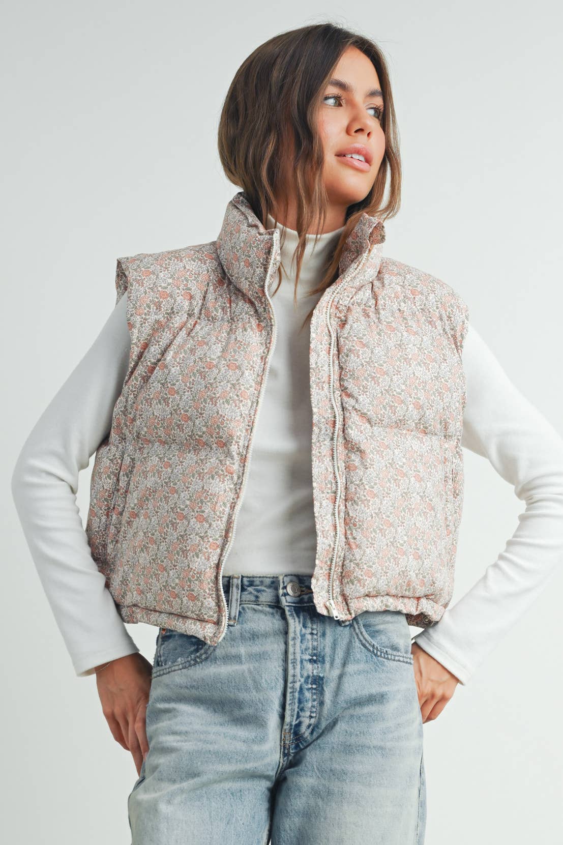 High Neck Floral Puffer Vest